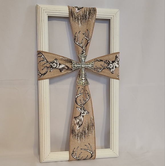 Frame Cross Art Hunting White Silver Cross Handmade Large - Picture 8 of 8